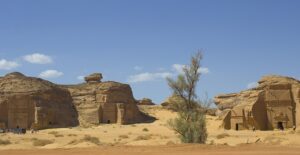 Rock-cut tombs at Madain Saleh, ancient Hegra of pre-Islamic Arabia. Photo: Basheer Olakara, CC BY 2.0, via Wikimedia Commons