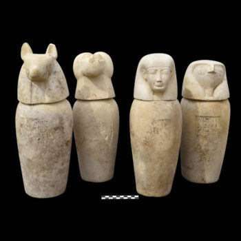 Canopic jars discovered in the area of the Ramesseum. Courtesy Egypt's Ministry of Tourism and Antiquities